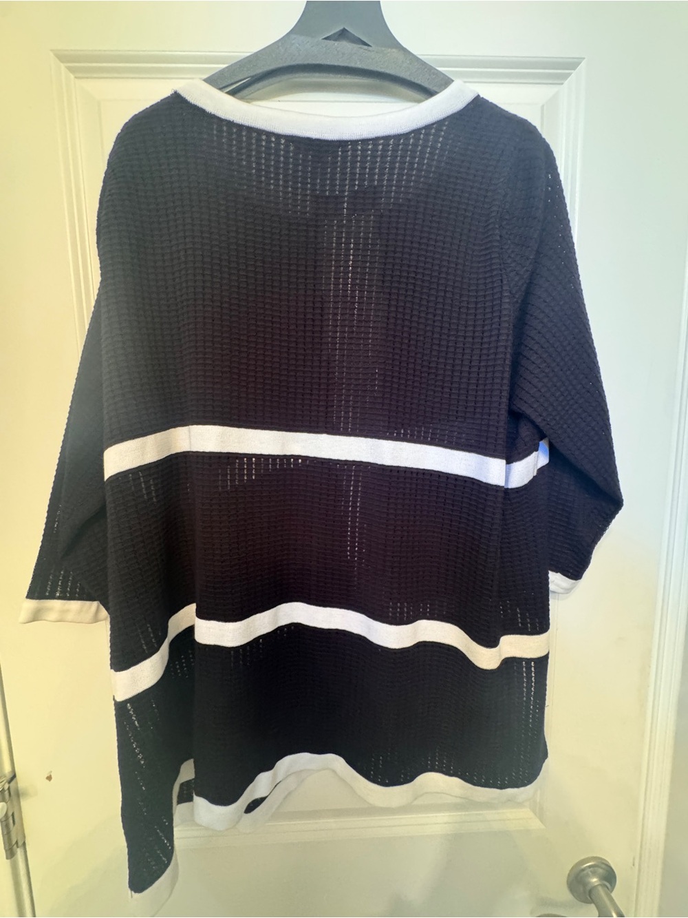 Misook Black Knit Poncho with White Stripes
